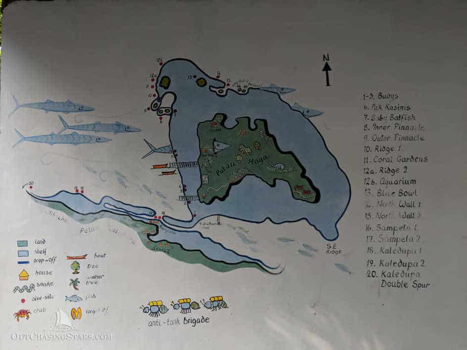 A map of dive sites around Hoga Island in Wakatobi National Park, Indonesia.
